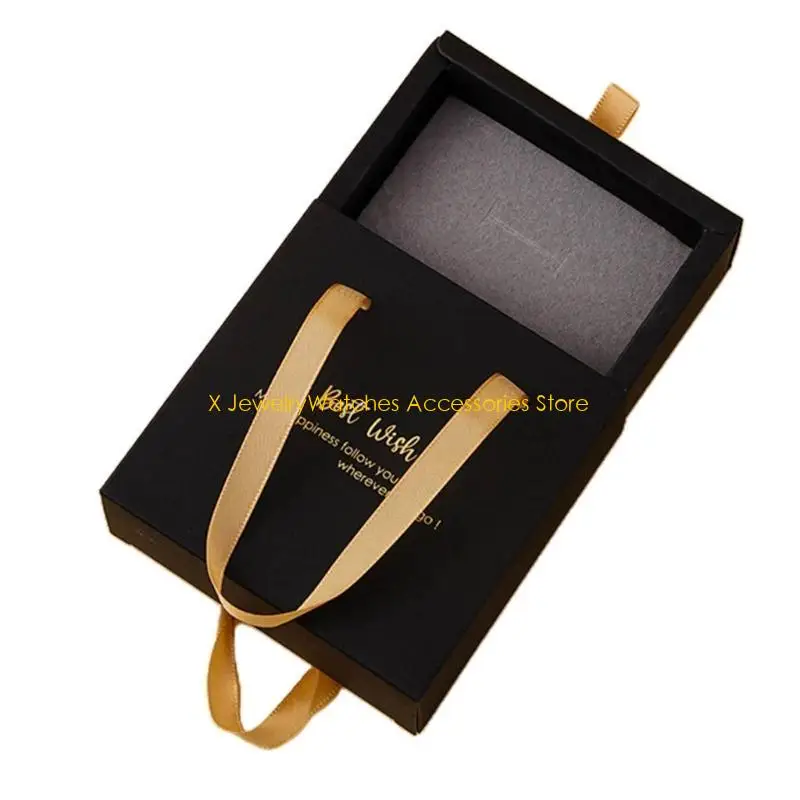 

31KD Portable Paper Drawer Jewelry Box with Ribbon Handles Earrings Rings Pull Boxes