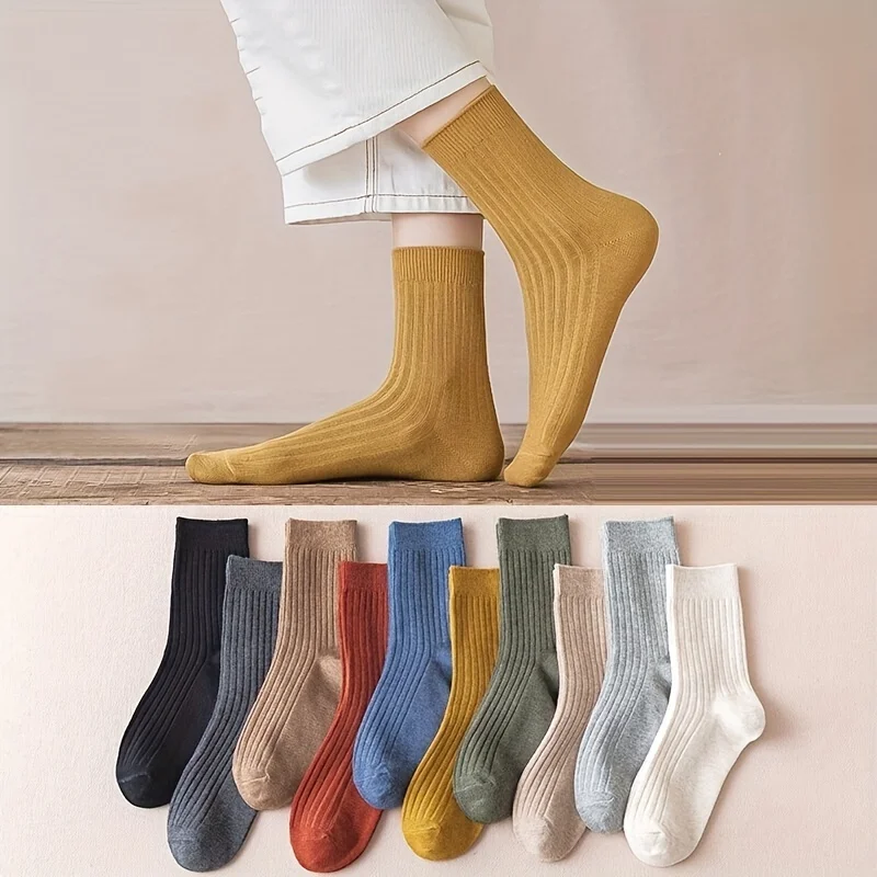 10 Pairs Of Mixed Color Striped Socks, Comfort Non-slip Mid-tube Socks, Classic Casual Crew Socks For Daily Wear