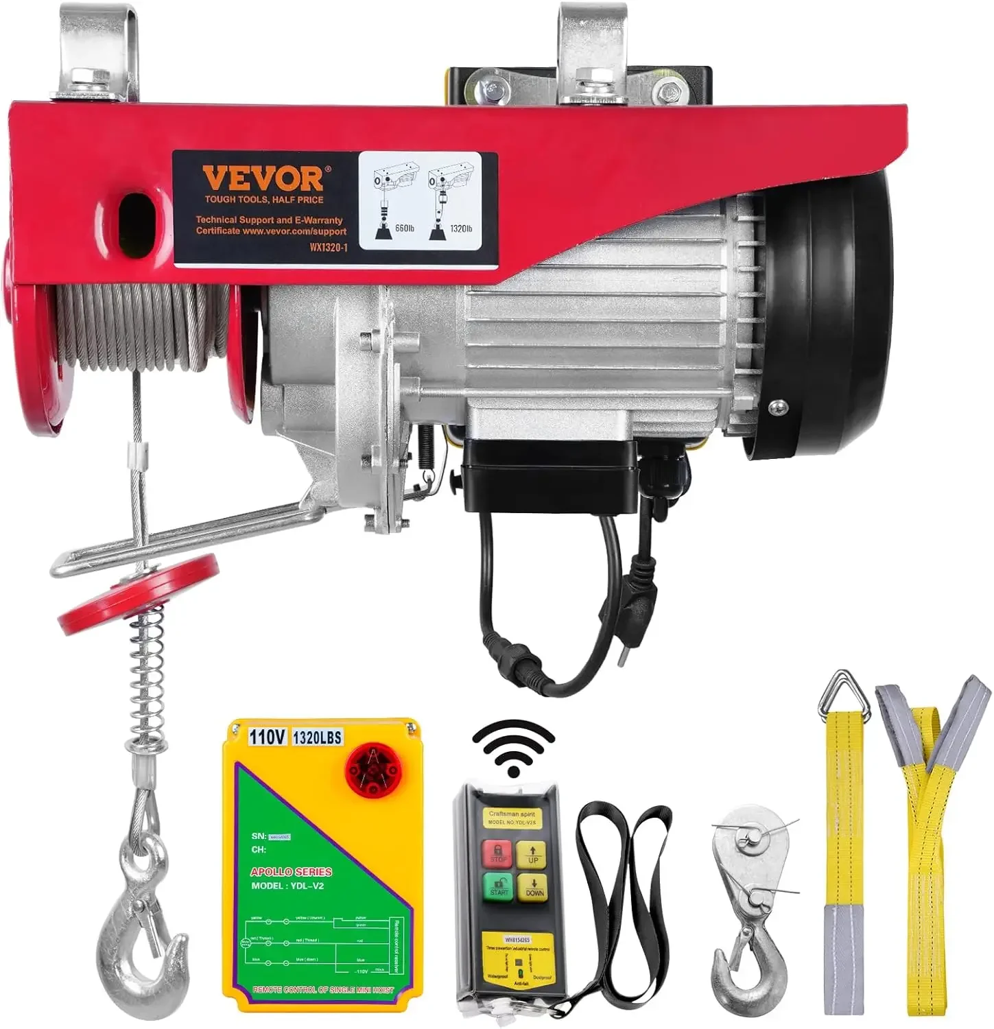 VEVOR 1320lbs Electric Hoist with Wireless Remote Control,110v Electric Hoist with Remote Control, 40ft/20ft Lifting Height & Pu