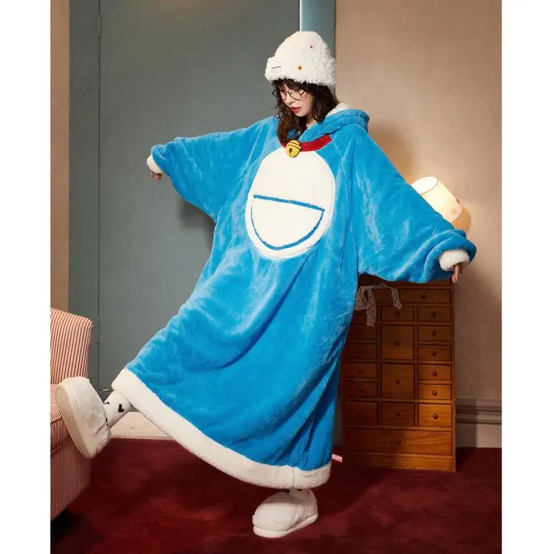 Doraemon Blue Coral Velvet Jumpsuit Women's Thick Winter Warmth Dingdang Cat Hoodie Sleepwear Women's Home Anime Cute Clothes