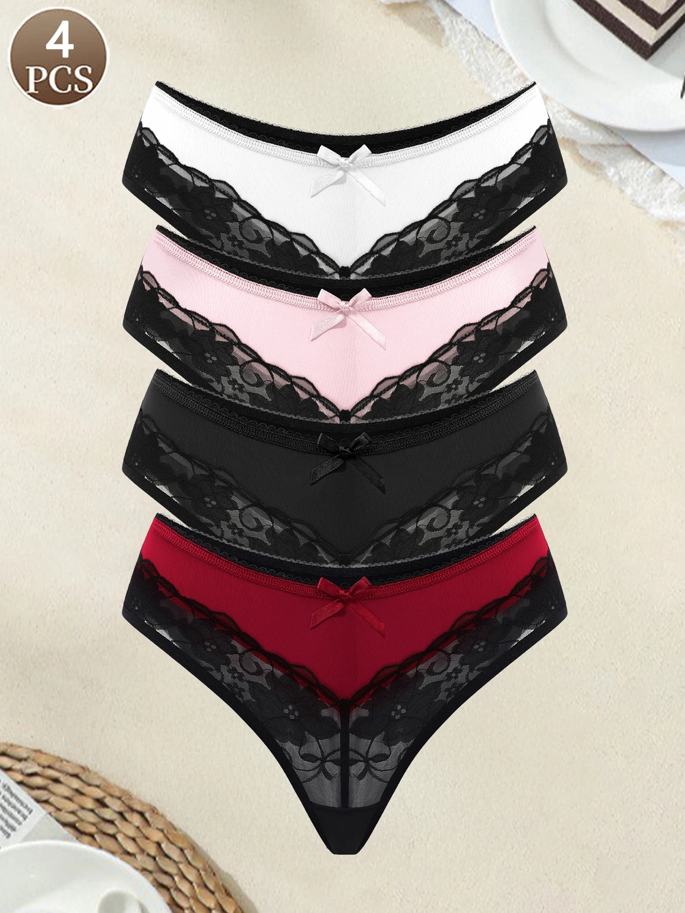 

4 шт. женские трусики, сексуальное нижнее белье с кружевным бантом и низкой талией, удобные повседневные спортивные женские трусы