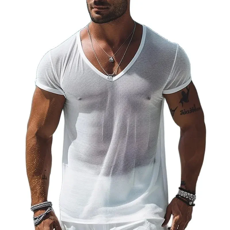 2024 Summer Beach Breathable Mesh T Shirts Men Sexy Transparent See Through Mesh Tees Mens Casual Short Sleeve V Neck Pullovers