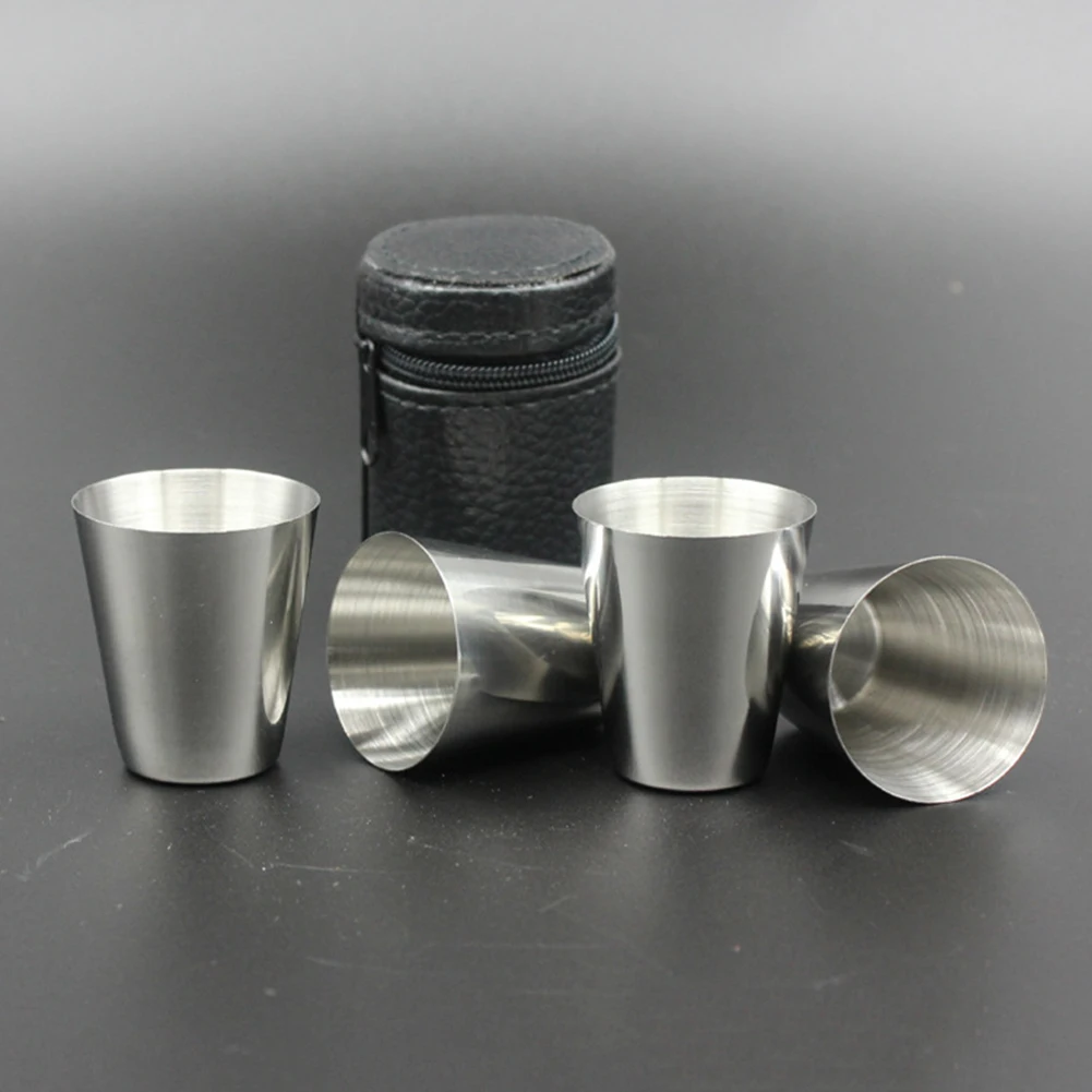 4Pcs/pack 30ml Outdoor Practical Travel Stainless Steel Cups Mini Set Glasses For Whisky Wine Beer With Case Portable Drinkware