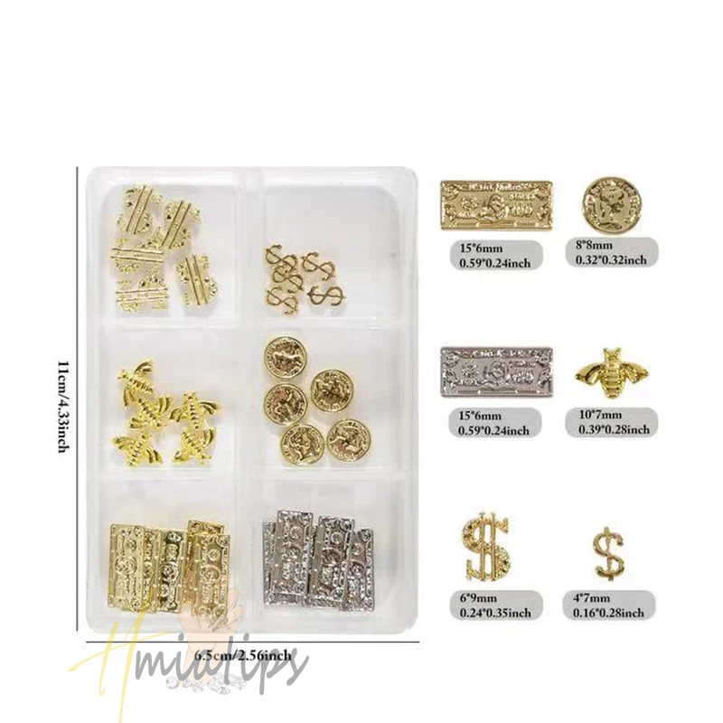 1box 3D Money Cartoon Nail Charms Luxury Dollars Rhinestones Jewelry Diamond Nail Art Manicure Tips Salon Decoration Tool