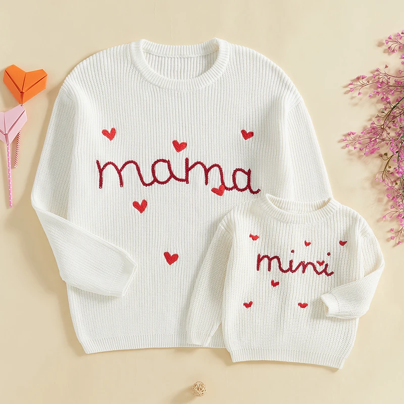 

Suefunskry Family Matching Sweaters 1PC Mommy and Me Heart Letter Embroidery Knitwear Long Sleeve Round Neck Warm Pullover Tops