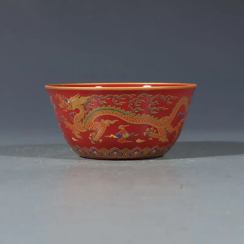 Old Collection Ming Dynasty Chenghua Red Ground Gold traced Five colored Dragon Pattern Tea Cup Antique Collection Porcelain