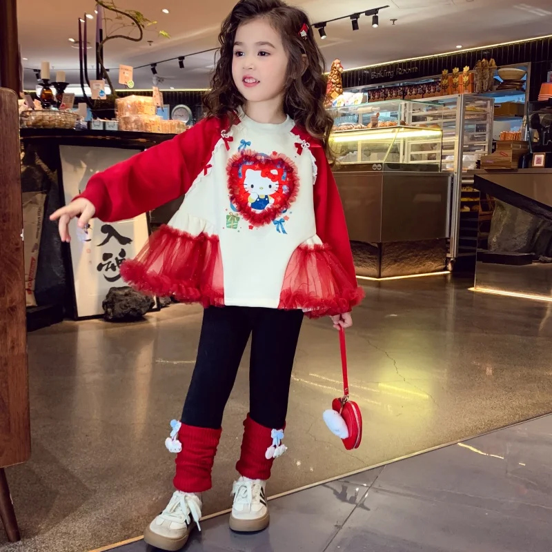 HelloKitty سترة مبطنة بالصوف 2025 جديد الشتاء الأطفال الكورية نمط الكرتون راجلان كم الفتيات شبكة المرقعة البلوز