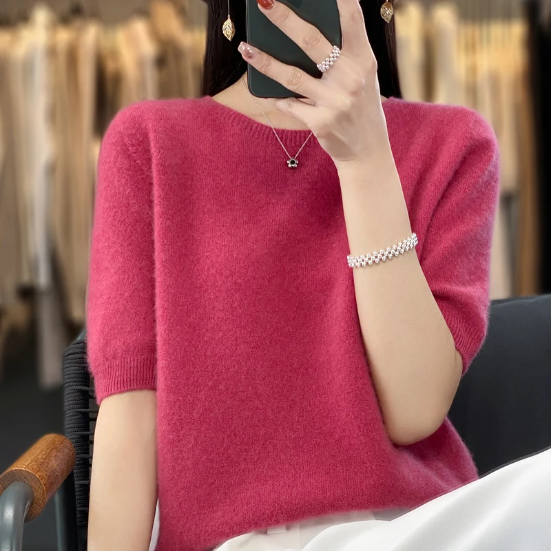 Spring and summer new 100% pure sweater ladies short sleeve O-neck solid color high-end cashmere sweater T-shirt