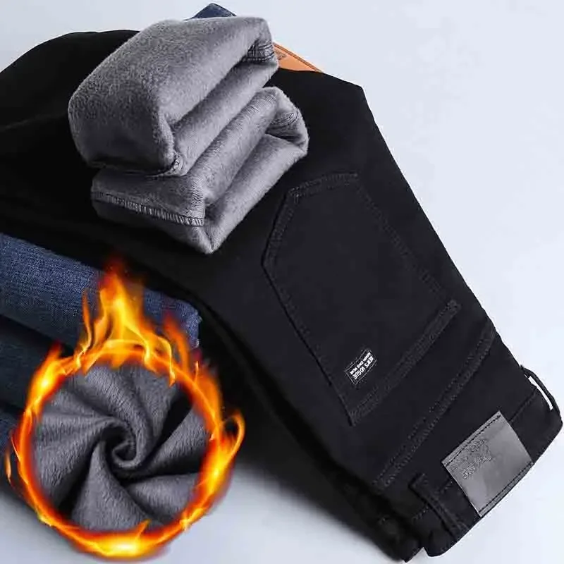 Winter Men's Slim Straight Elastic Denim Pants Casual Male Clothing Fashion Plush Trousers Pure Black Fleece Thick Warm Jeans