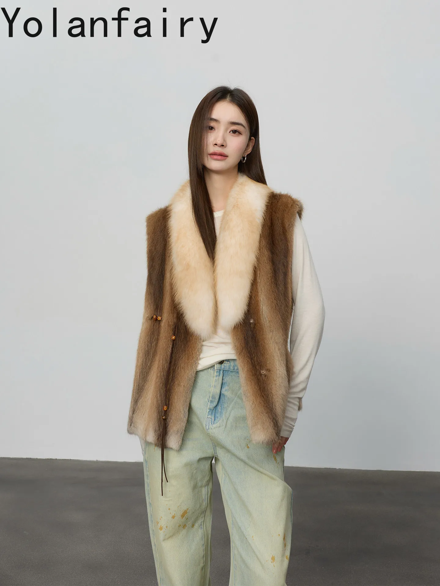 YOLANFAIRY Full Pelt Mink Fur Coat Whole Natural Real Velvet Mink Coat Fur Jacket Woman Fox Fur Collar Winter Vest Женскаялюкс
