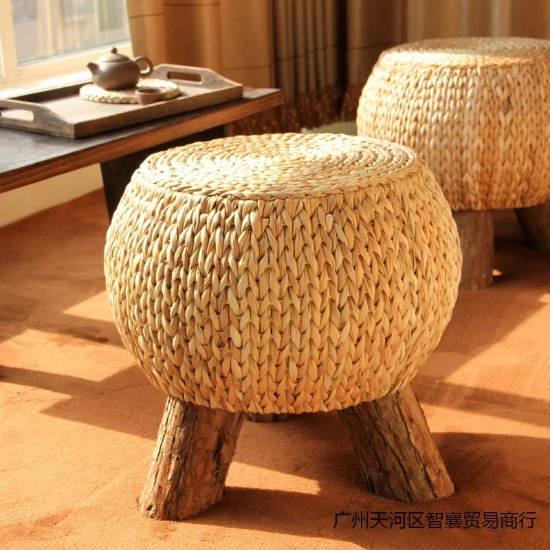 

Rattan Handmade Rustic Round Footstool Household Multi functional Wooden 3 Leg Portable Wicker Ottoman Footrest Comfortable Gift