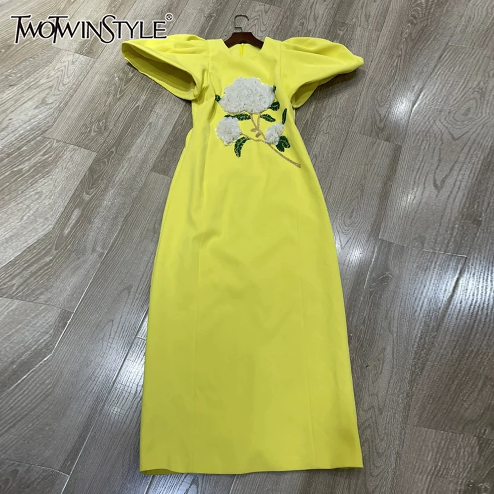

TWOTWINSTYLE Solid Spliced Appliques Long Dresses For Women Round Neck Short Sleeve High Waist Elegant Dress Female KDR538092