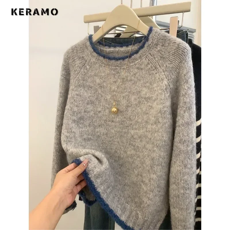 2024 Autumn Casual Grey Patchwork Knitting Long Sleeve Round Neck Pullovers For Women Vintage Office Lady Knitwear Sweater Top