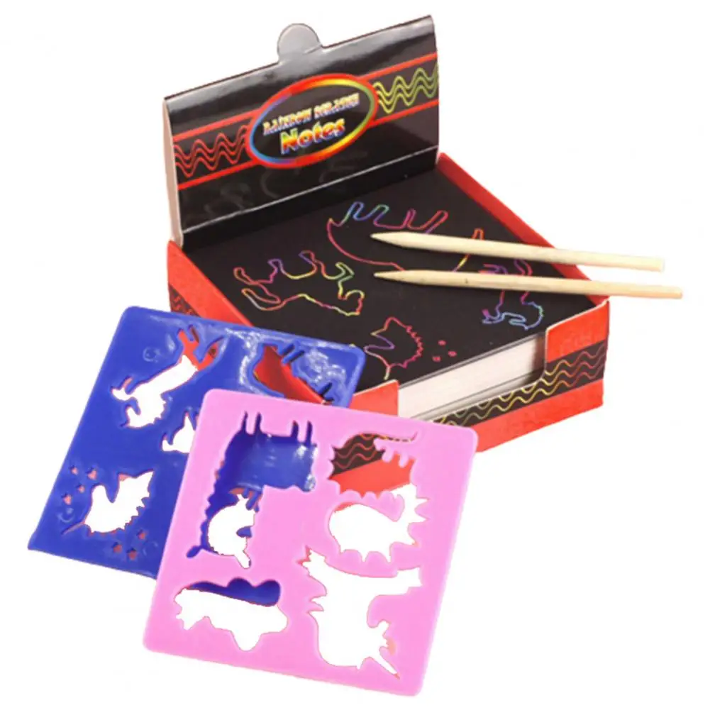 100 pezzi rettangolo colorato Scratch Paper con 2 stilo in legno stampi a forma di animale bambini fai da te disegnare pittura giocattoli forniture per studenti