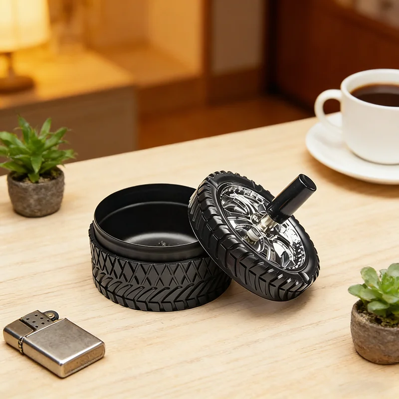 BOLTIFY New Creative Tyre Hub Rotating Style Fashion Ash Tray Alloy Round Smokeless Press Up Ashtray portable ashtray