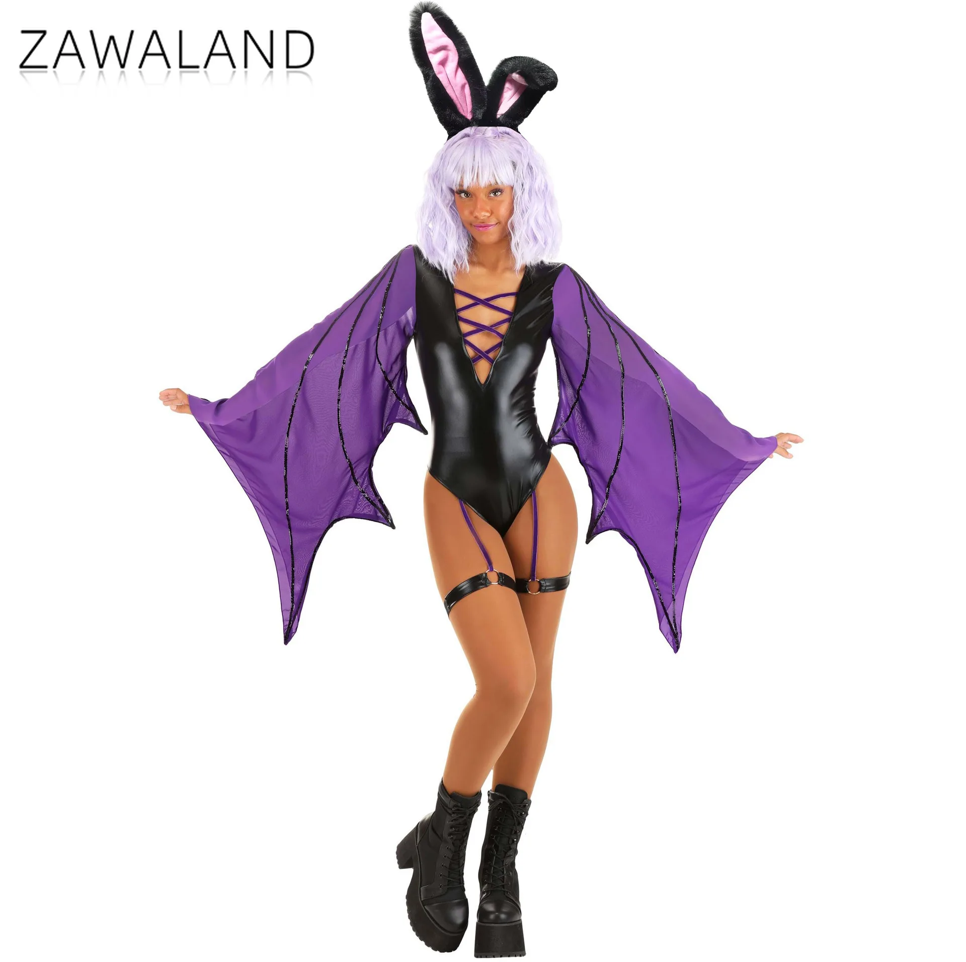 

Easter Bunny Elf Cosplay Costume Dark Night Bat Wings Jumpsuit Woman Stage Performance Bodysuit Carnival Festival Party Outfits
