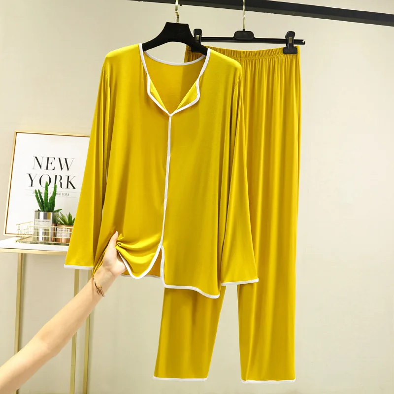 Pyjama Jaune à Manches sulfpour Femme, Vêtement de Maison, Grande Taille, Collection Automne Printemps