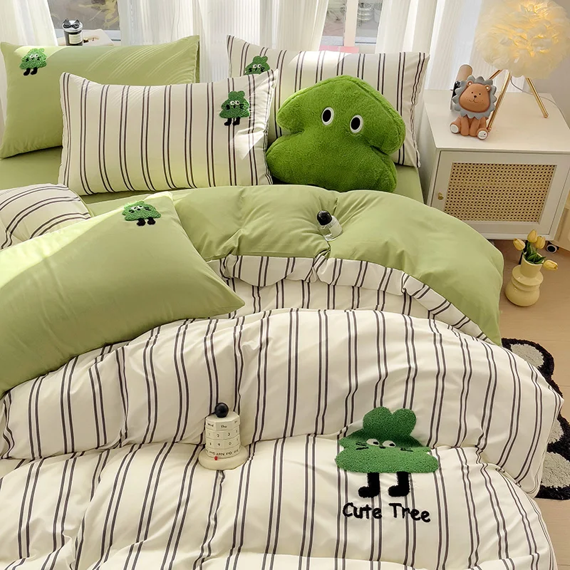 Green Tree Embroidered Duvet Cover Set Cute 3D Pattern Bedding Minimalism Teens Adults Striped Comforter Covers Bedroom Decor