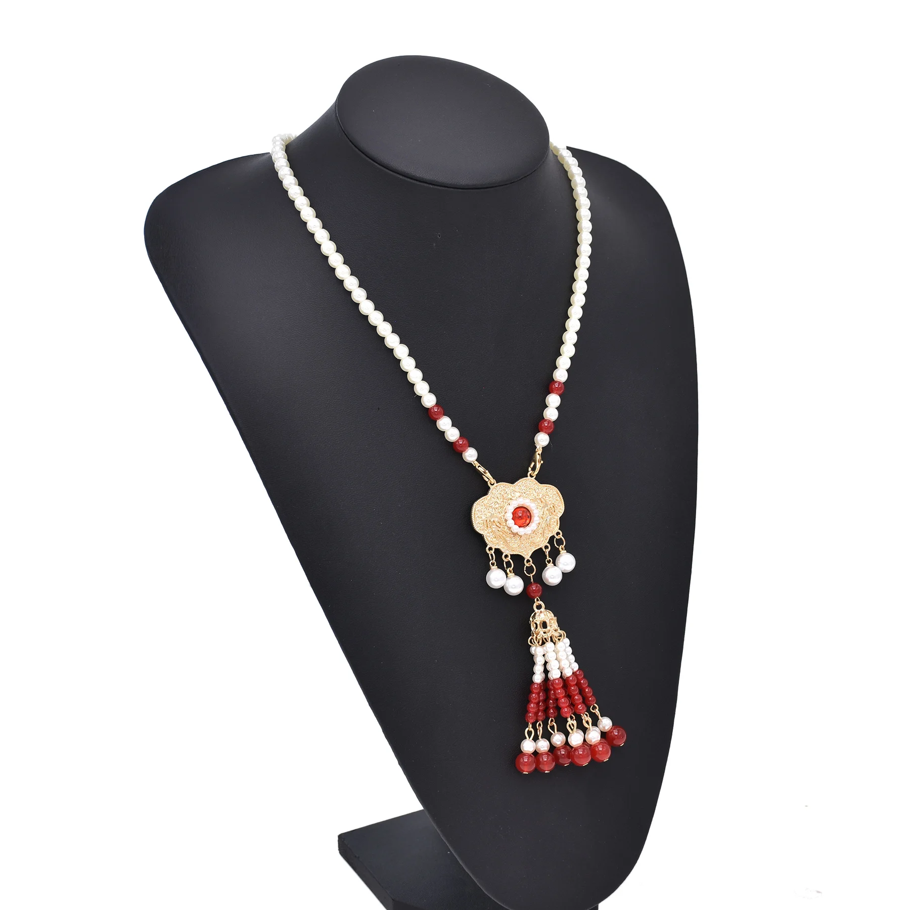 Bohojewelry Store New Red Chinese Ethnic Style Women's Pearl Long Necklace with Rice Beads and Tassels