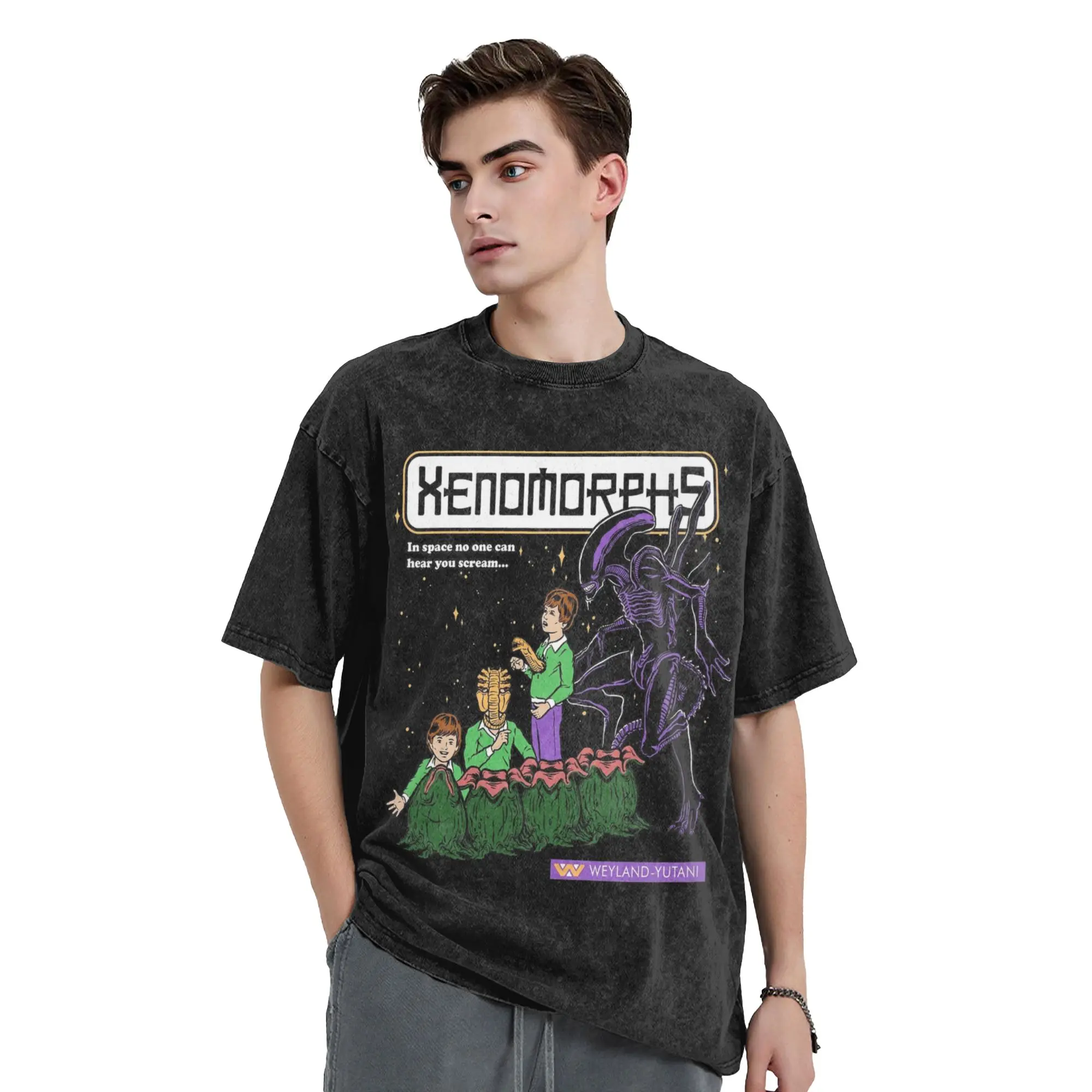 Xenomorphs Book Alien Movie T Shirts Hip Hop Washed 100% Cotton Street T-Shirts Men Women Tops Streetwear Summer Tee Shirt