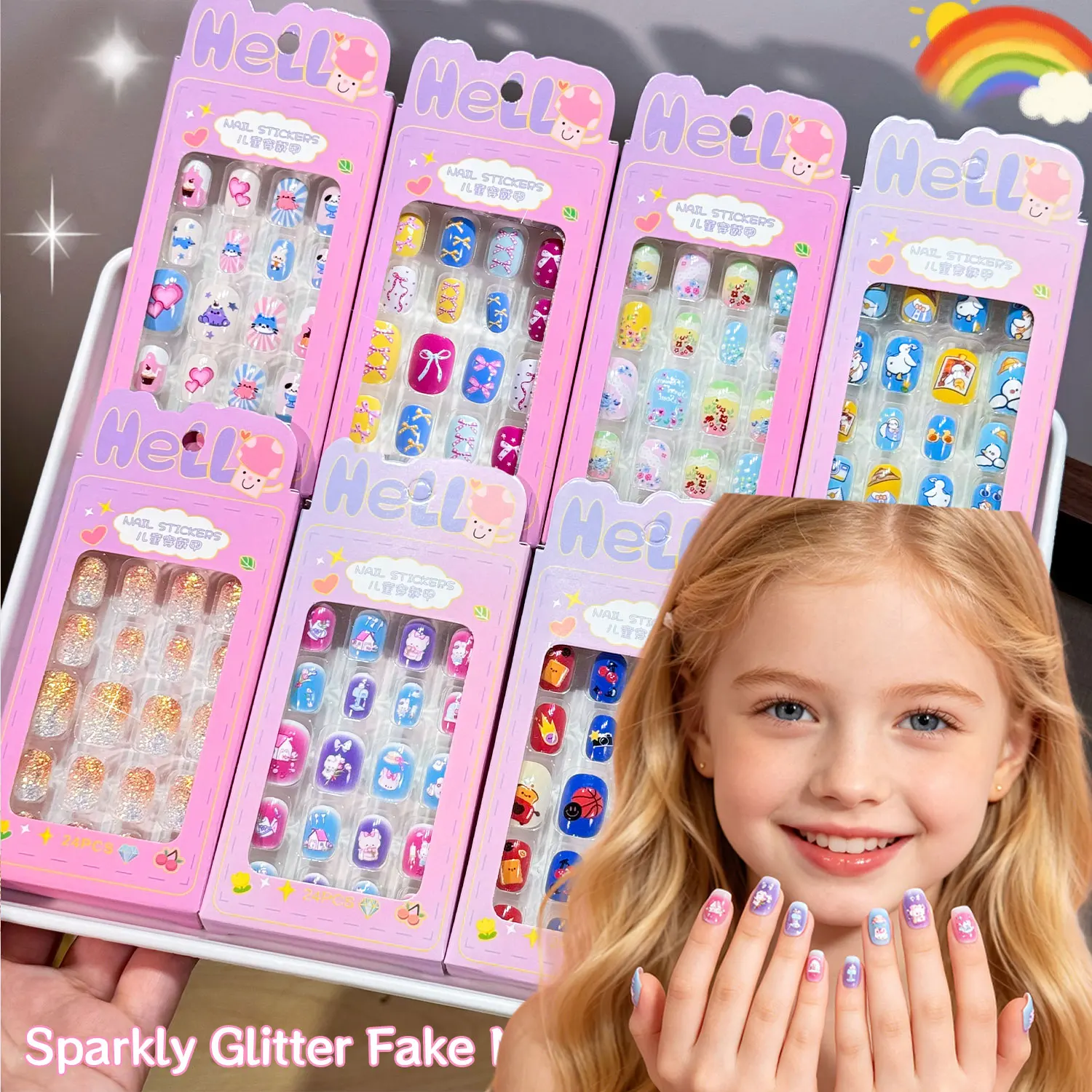 24 Uñas Postizas Kawaii con Diseño de Dibujos Animados para Niñas Pequeñas, Lindas Uñas Postizas Cortas y Redondas con Lazo/Conejo/Flor y Brillantina