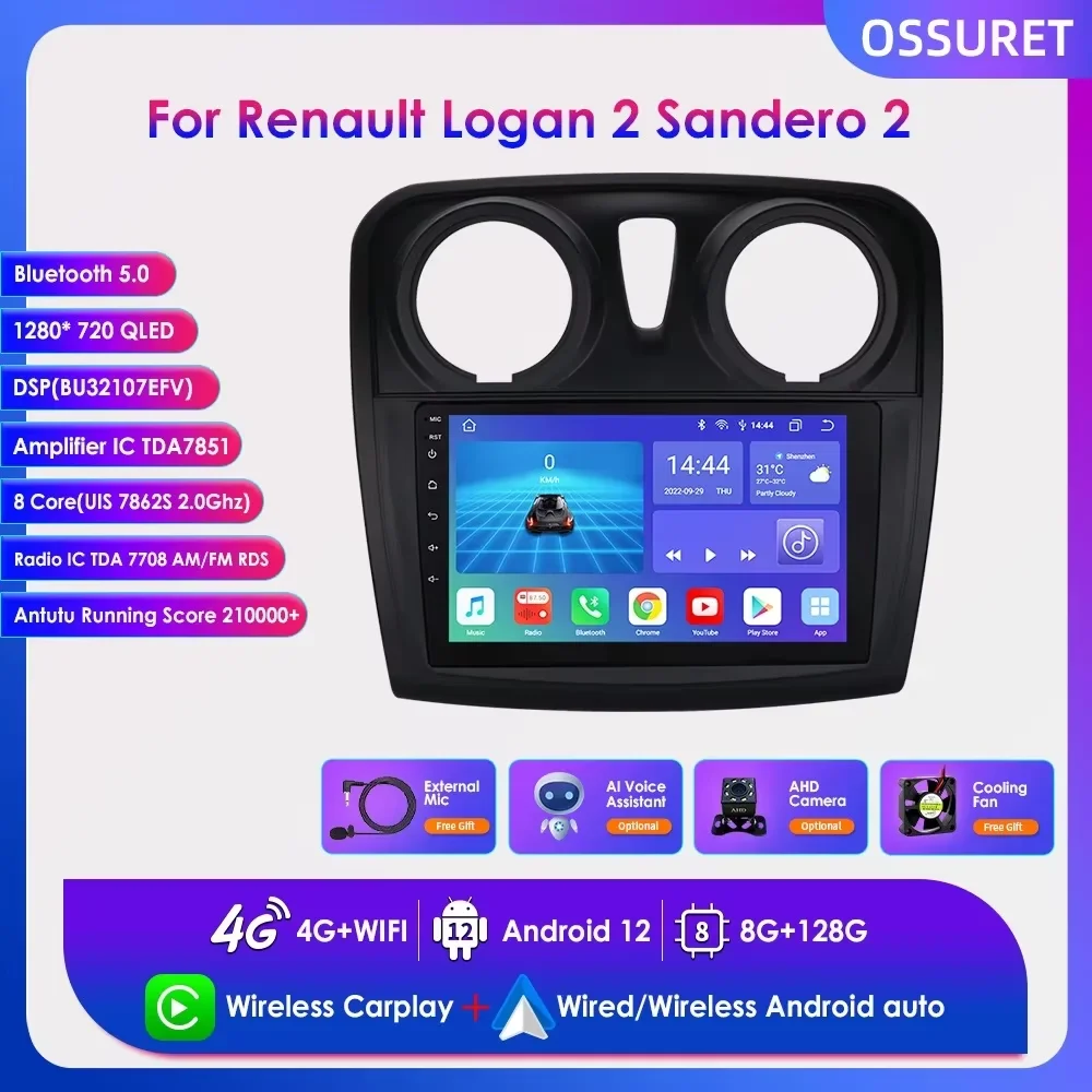 

9" 2 Din Car Radio Multimedia Player for Renault Logan Sandero 2 2012 -2019 Android 13 Carplay GPS Navi BT FM Stereo RDS DSP IPS