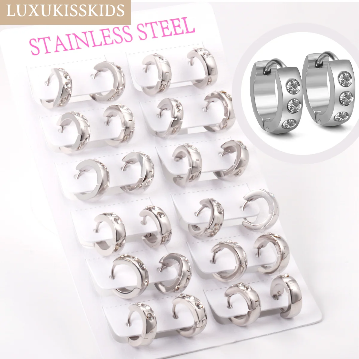 LUXUKISSKIDS 12pairs/lot 2023 Trendy Stainless Steel Silver Color Small Hoop Earrings For Woman Golden Round Clips With AAA CZ