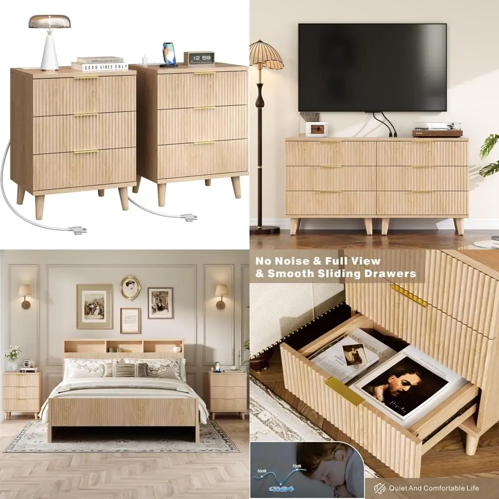 Modern 3-Drawer Dresser with USB Charging Station, Fluted Night Stand Set of 2, Quiet Drawers Bedside Table for Contemporary Bed