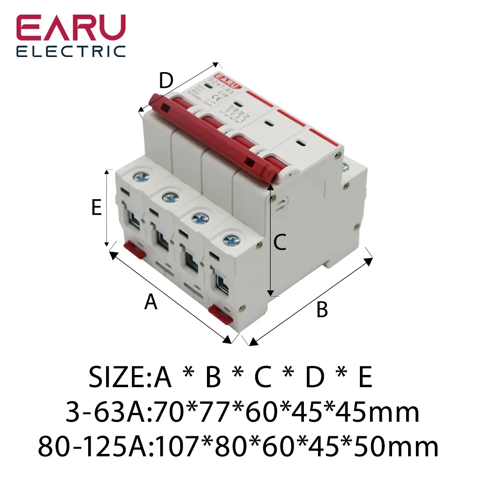 DZ47 4P 3A-125A 400V C Type Mini Circuit Breaker MCB Short Overload Circuit Protector 35mm Din Rail Mount Breaking Capacity 6KA