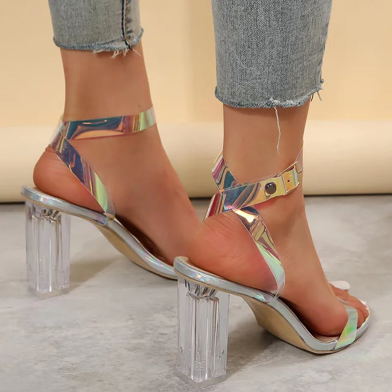 New Women Sandals Round Toe Transparent High Heel Colorful Fashion Sandalias Ankle Buckle Large Size 36-42 Sexy Heels Sandales