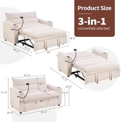 3-in-1 Convertible Loveseat Sleeper Sofa Bed, 2-Seat Pull Out Couch with Cup Holders, Phone Holder and USB Ports, Corduroy