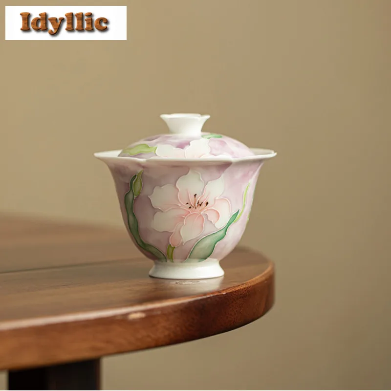 

120 мл ручная роспись лилий Гайвань древний чайный поднос чайная миска с крышкой комплект для приготовления чая крышка миска посуда аксессуары украшения