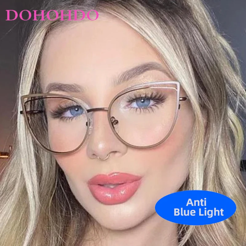 Trendy Luxury Designer Cat Eye Metal Hollowed Glasses Women Men Optical Spectacle Protection Computer Anti-Blue Light Eyeglasses - Image 2