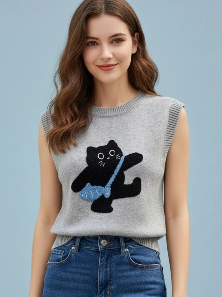 

AOSSVIAO Knitted Women Tank Top 2026 Spring Summer Cartoon Sweater Short O Neck Sleeveless Solid Spring Sweaters Pullovers