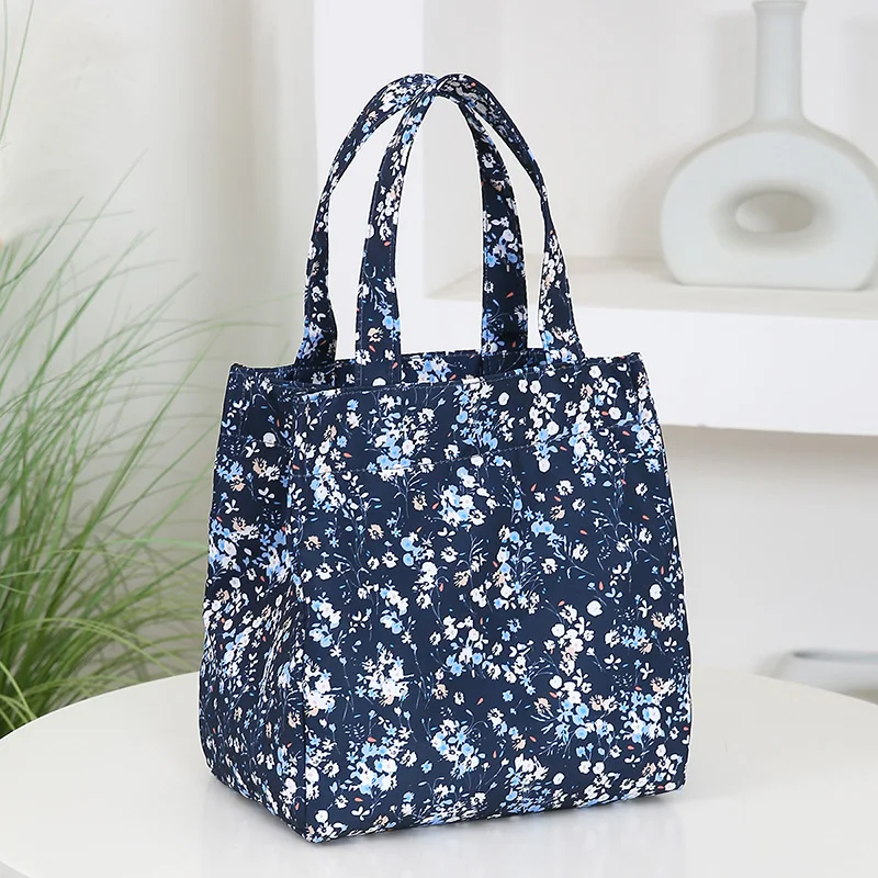 Brand new floral-printed handbag with a zipper semi-closed work lunch box bag with aluminum foil insulation inside