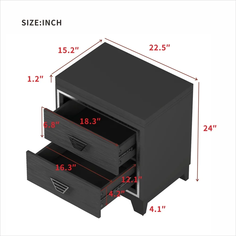 Elegancka szafka nocna z metalowym uchwytem i błyszczącą dekoracją, stolik nocny z 2 szufladami do sypialni, salonu