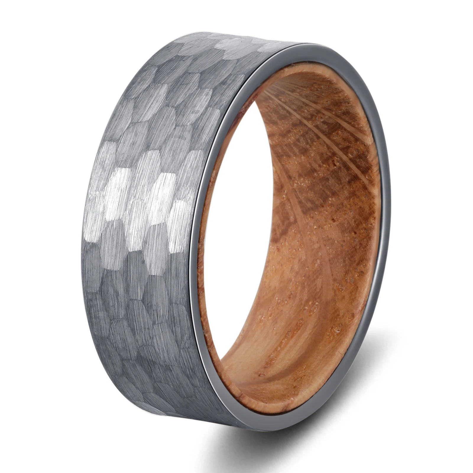 Vintage 8MM Width Tungsten Carbide Hammered Ring with Whiskey Barrel Wood Comfort Fit Custom Man Band Letters/Date Size 7-12