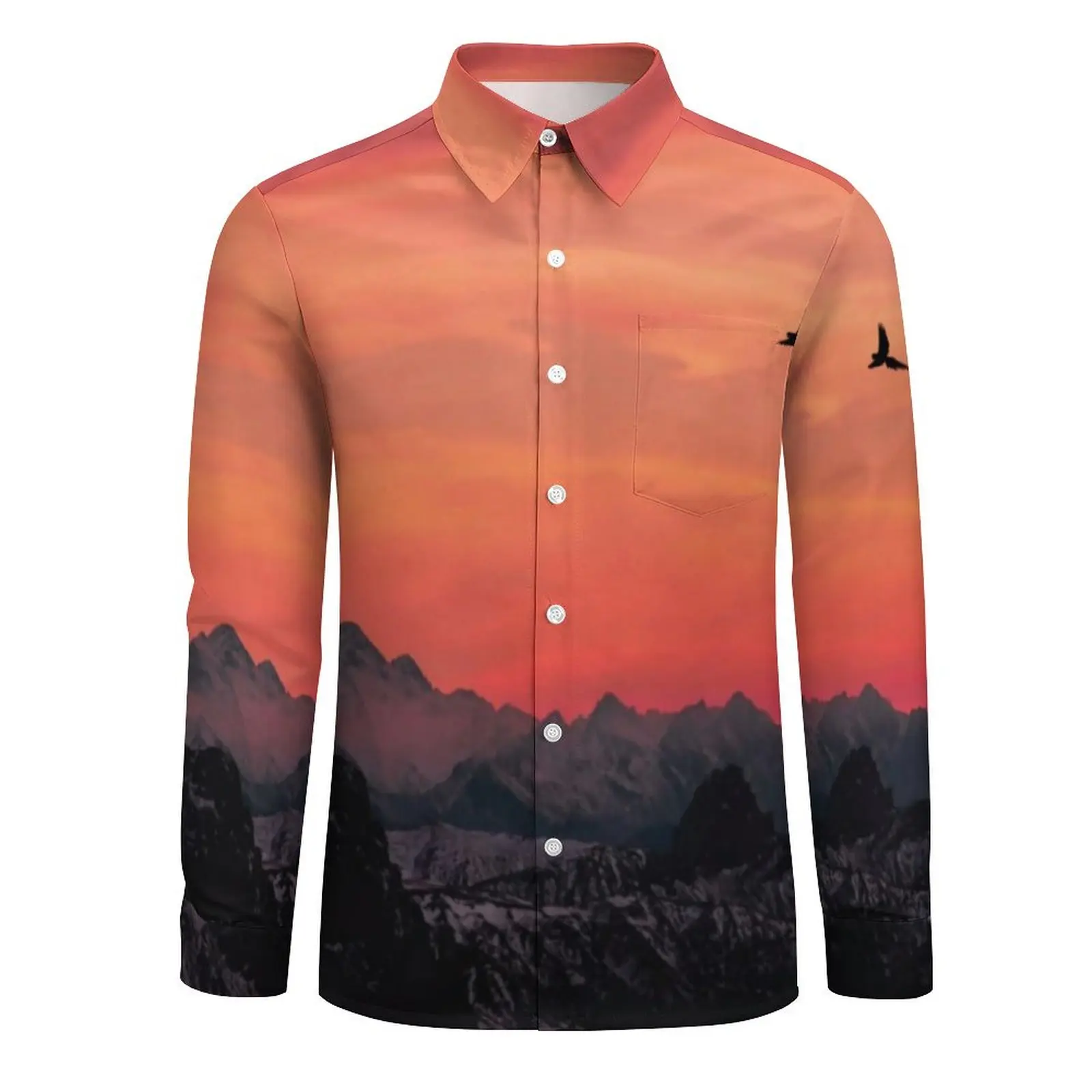 Mountain Print Blouse Men Orange Sunset Shirt Long Sleeve Retro Korean Fashion Casual Shirts Autumn Graphic Clothing Large Size