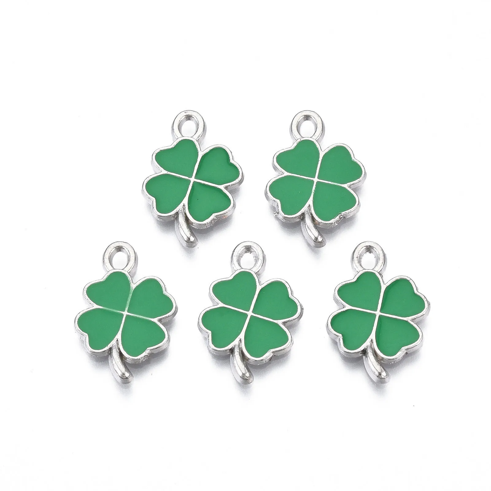 200pcs Green Clover Leaf Alloy Enamel Pendant Rack Plating Charms St Patrick Day Decor Jewelry Making Craft Findings 19x13x1.5mm