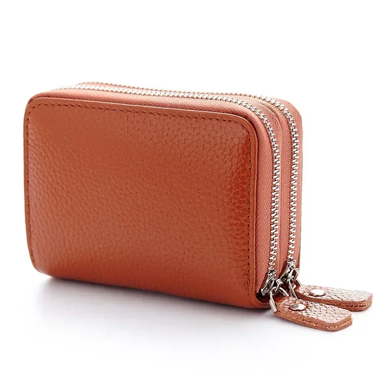 Genuine Leather Business Card Holder Wallet for Men women Double Zipper Pocket Wallet for Women Cow Leather Coin Purse Card Bags