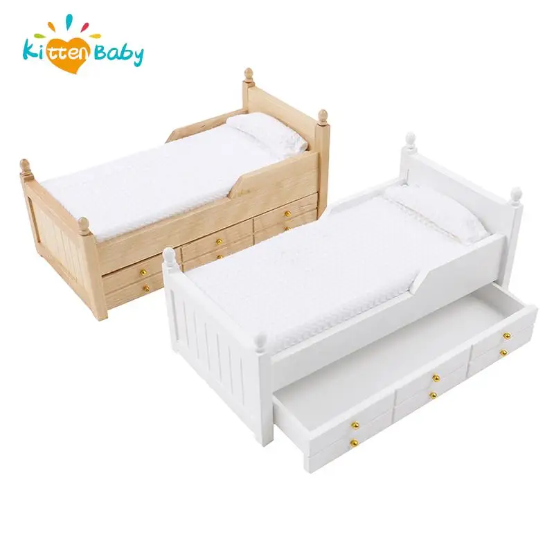 1:12 Dollhouse Miniature Wooden Drawer Bed Doll House Handcrafted Mini Bed Dollhouse Furniture Model Decor