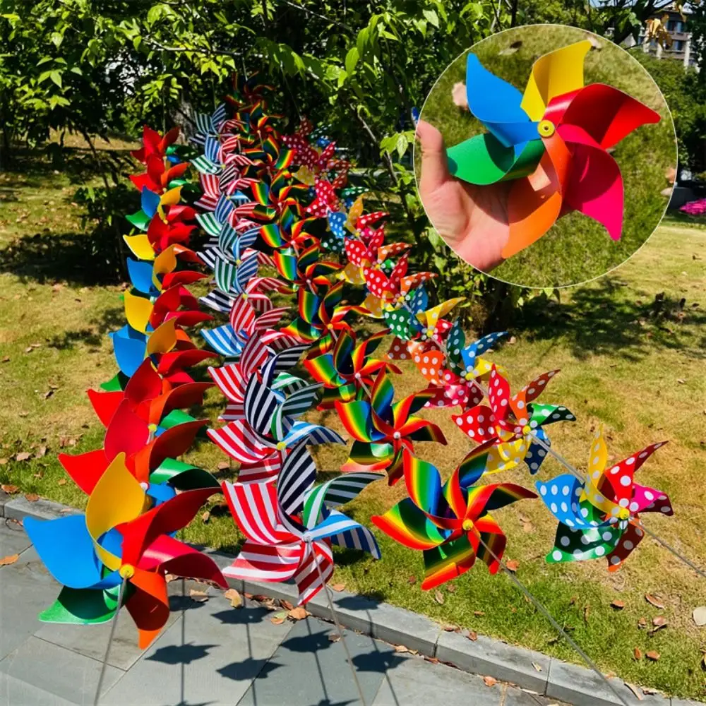 10 Stück bunte 6-Blätter-Windräder aus Kunststoff, handgefertigt, gestreift, kreisförmig, Drahtseil, Windmühle, Schnur, Windmühle, Bogenkorridor