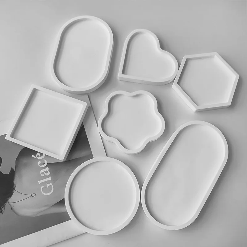 Bandeja prato molde redondo quadrado retângulo coaster molde de silicone cimento gesso resina bandeja molde bandeja de armazenamento de jóias decoração da sua casa