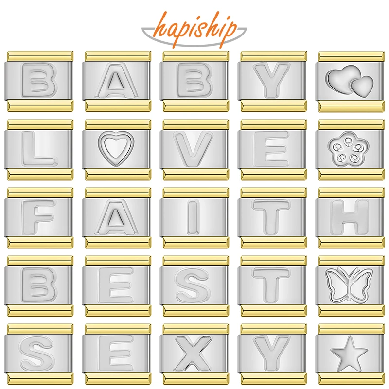 Hapiship 2025 Neue Mode 26 Englische Buchstaben Italienische Charm Links Fit 9mm Edelstahl Armband Machen Frauen Schmuck DJ1579