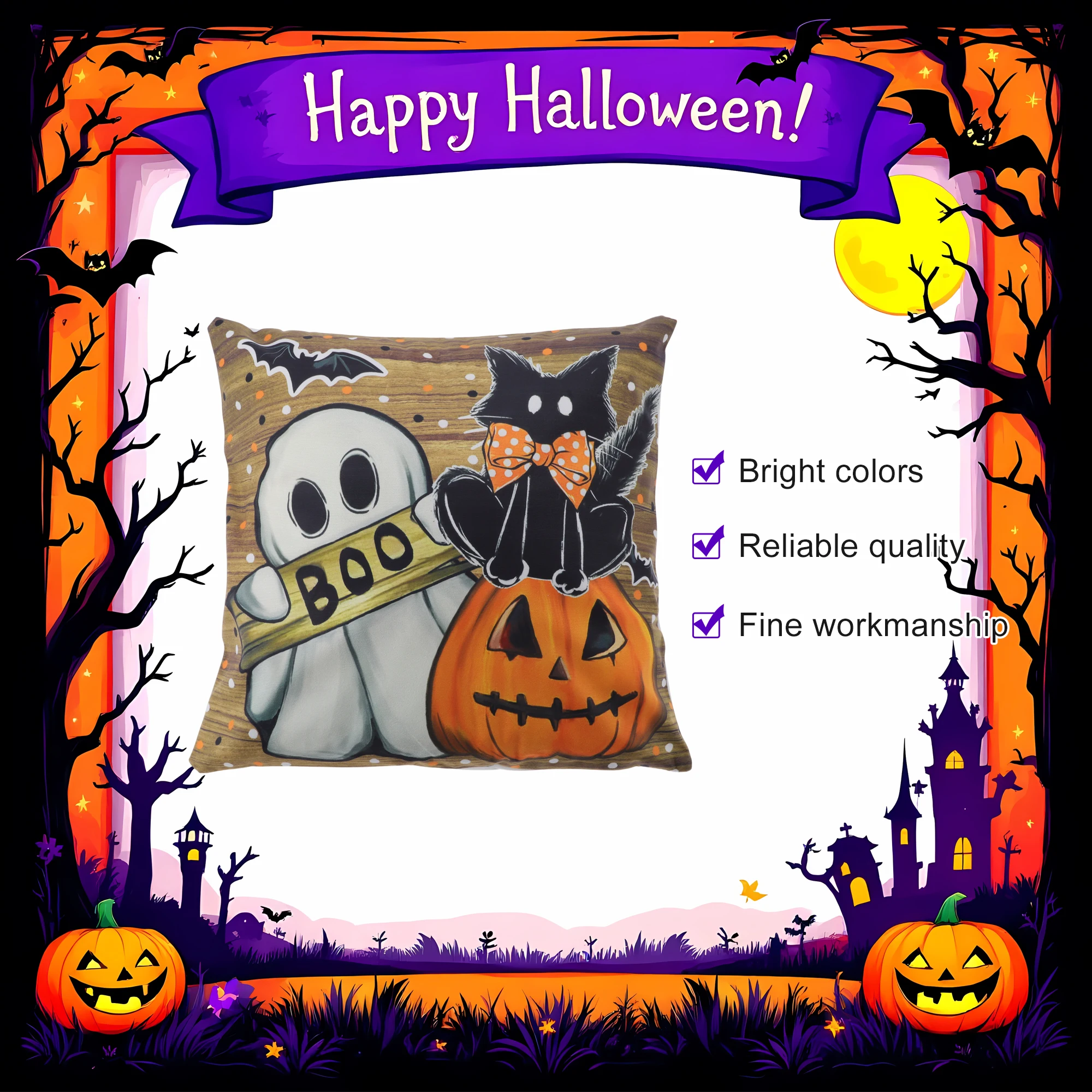 

UXCELL Halloween Linen Pillow Covers 45x45cm One-Side Print with Spooky Cute Patterns Easy to Wash for Home And Car Decoration