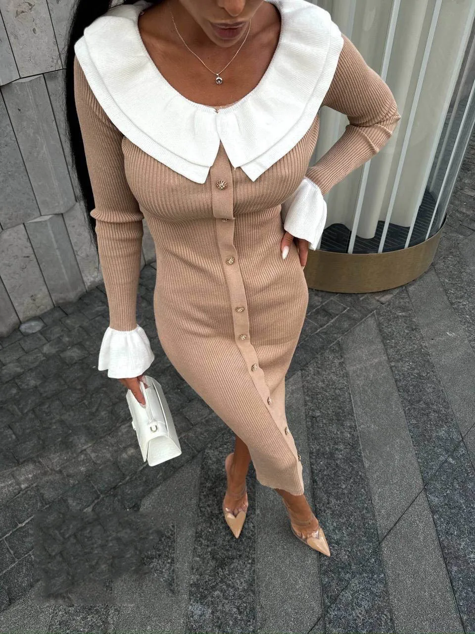 Fashion Knit Patchwork Long Dress Women's Ruffled Slim Elegant Contrast Ribbed Party Dress Knitwear Autumn Maxi Dress New