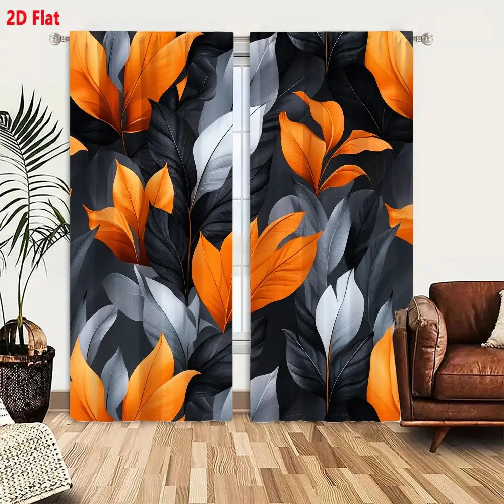 2Pcs Curtains 2D Flat Seamless Abstract Leaf Pattern With Vibrant Orange Charcoal Grey And Silver Leaves On Dark Background Wind