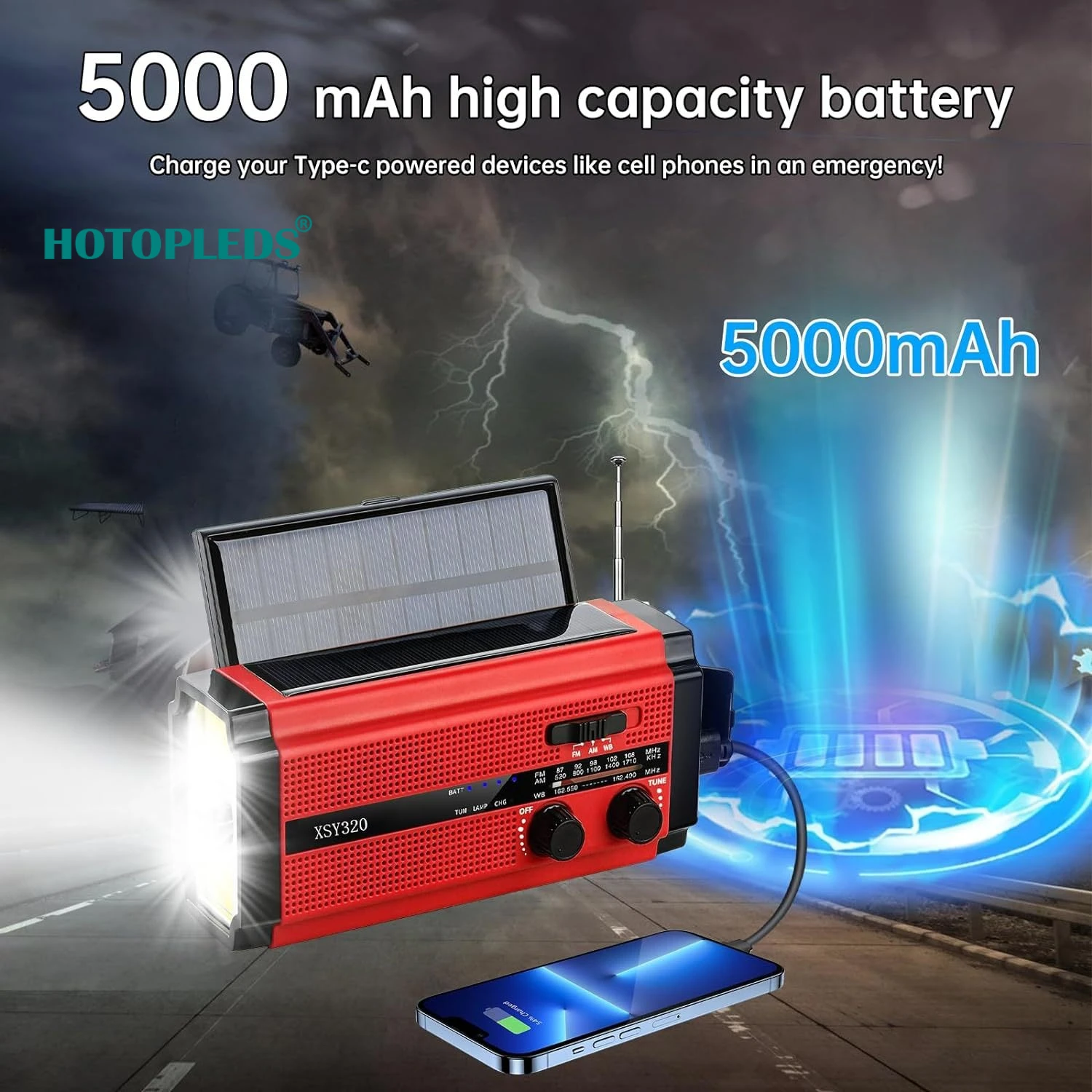 Woopker 5000mAh راديو FM XSY-320 راديو الطوارئ المحمول كرنك اليد راديو بالطاقة الشمسية AM/NOAA المحمولة LED SOS إنذار قوة البنك #3