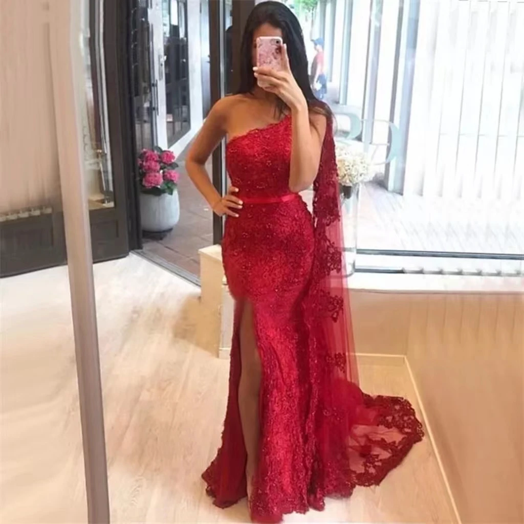 

Dubai Champagne Beads One Shoulder Mermaid Sexy Side Slit Evening Dresses Lace Appliques Wedding Party Dress Customized