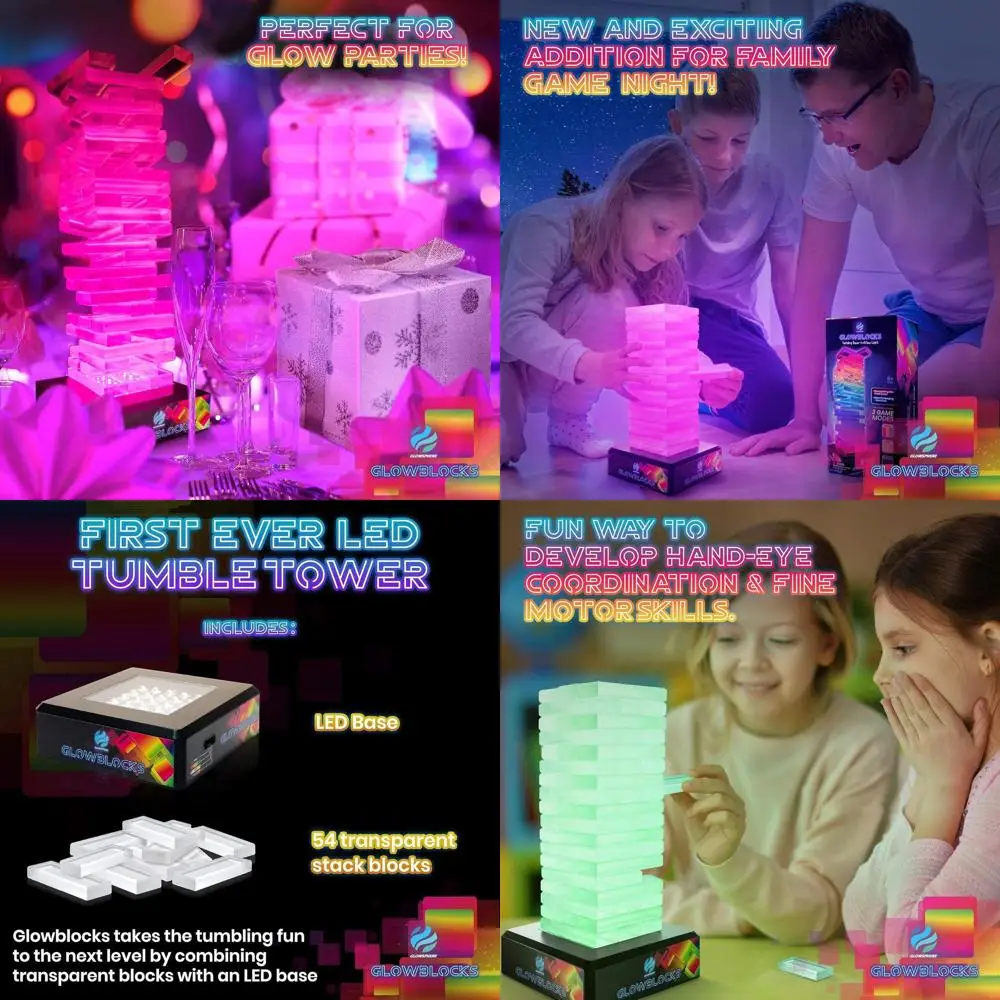برج التعثر المضيء: لعبة التراص بلوك LED للأطفال والكبار - لعبة اللوحة الليلية العائلية الممتعة